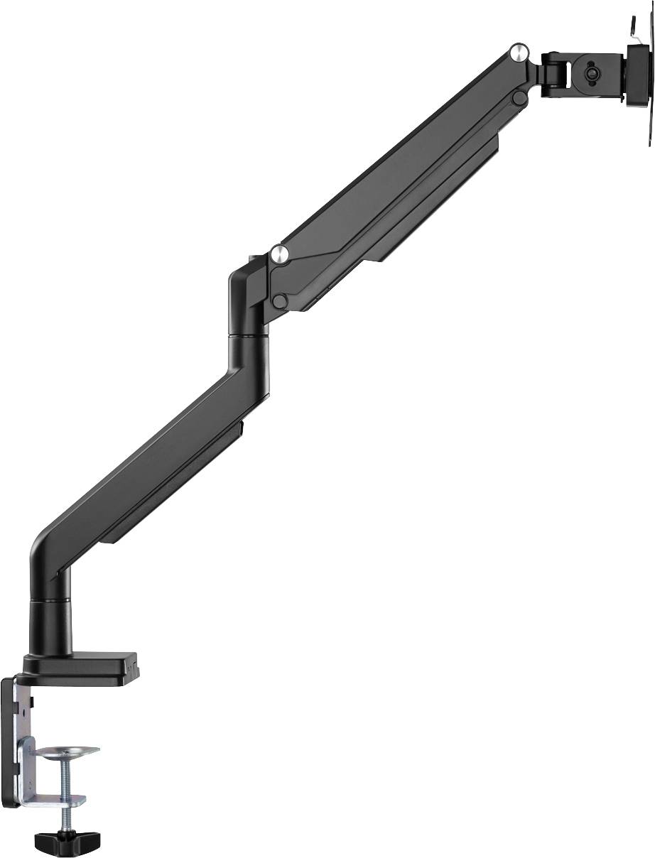 Czarny uchwyt monitora z przegubami do elastycznego zamocowania ekranu na biurku.
