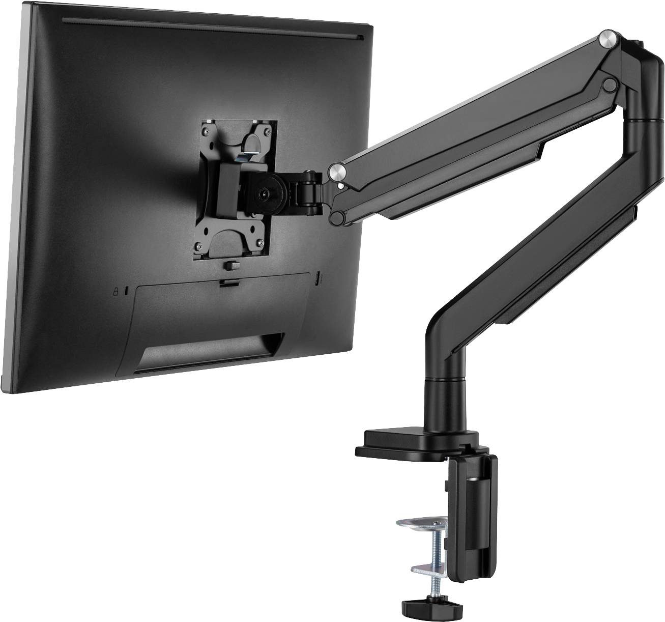 Czarny uchwyt monitora z przegubami jest zamocowany do stołu, aby trzymać płaski ekran i umożliwiać elastyczne ustawienie.