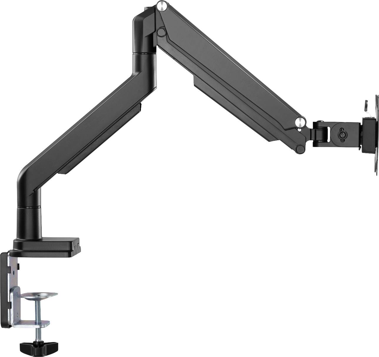 Czarny, regulowany uchwyt na monitor z zaciskiem do mocowania na biurku, przeznaczony do ergonomicznego ustawienia ekranu.
