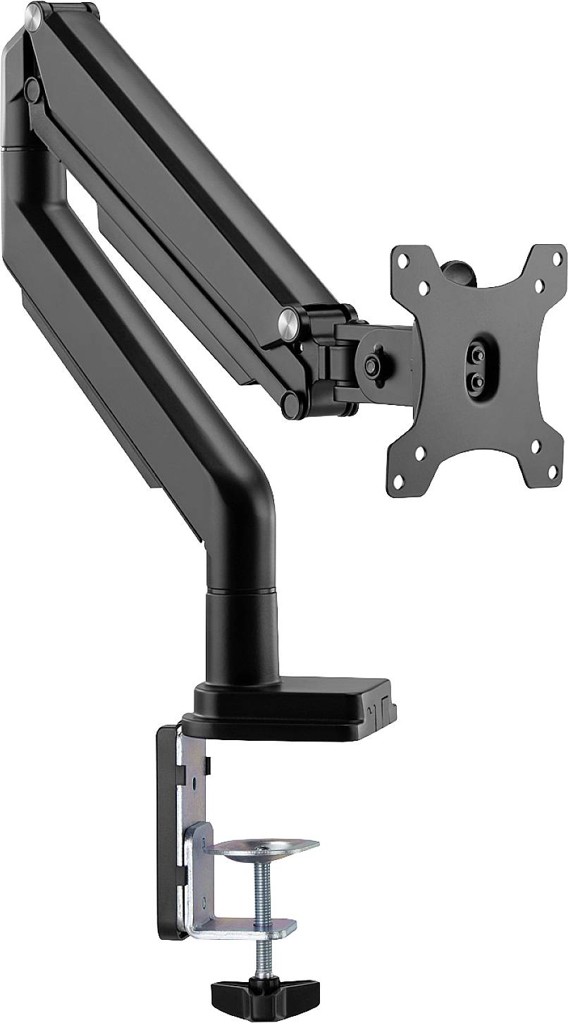 Czarny, regulowany metalowy uchwyt na monitor z zaciskiem do mocowania na krawędzi biurka, odpowiedni dla uchwytu na ekran.