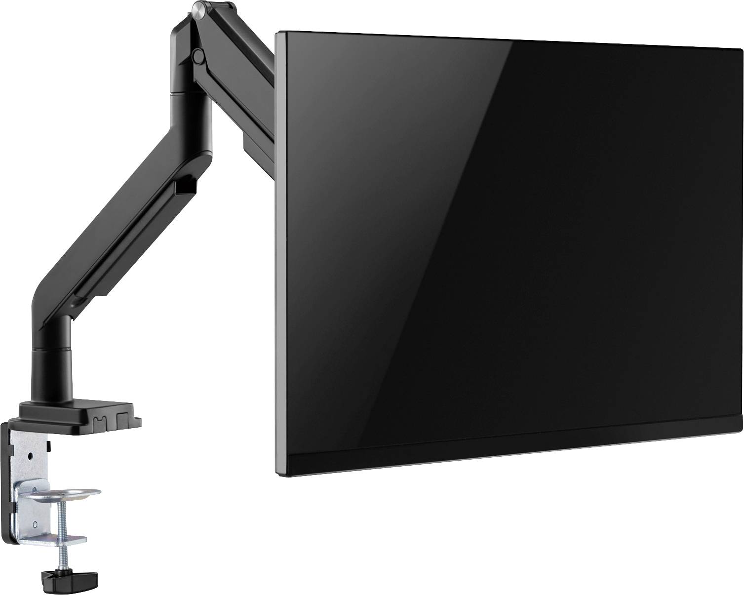 Czarny monitor komputerowy jest zamontowany na ruchomiowym ramieniu przymocowanym do biurka.