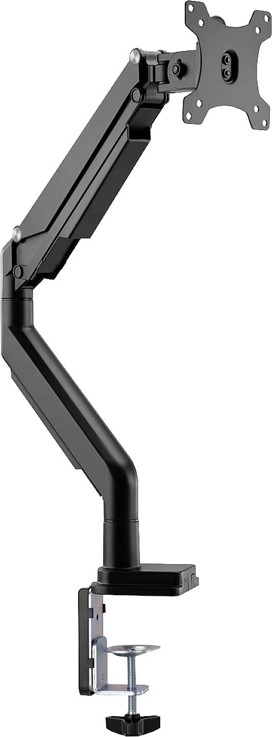 Czarny uchwyt monitora z regulowanym przegubem i zaciskiem do montażu na biurku, przeznaczony do zamocowania ekranu.