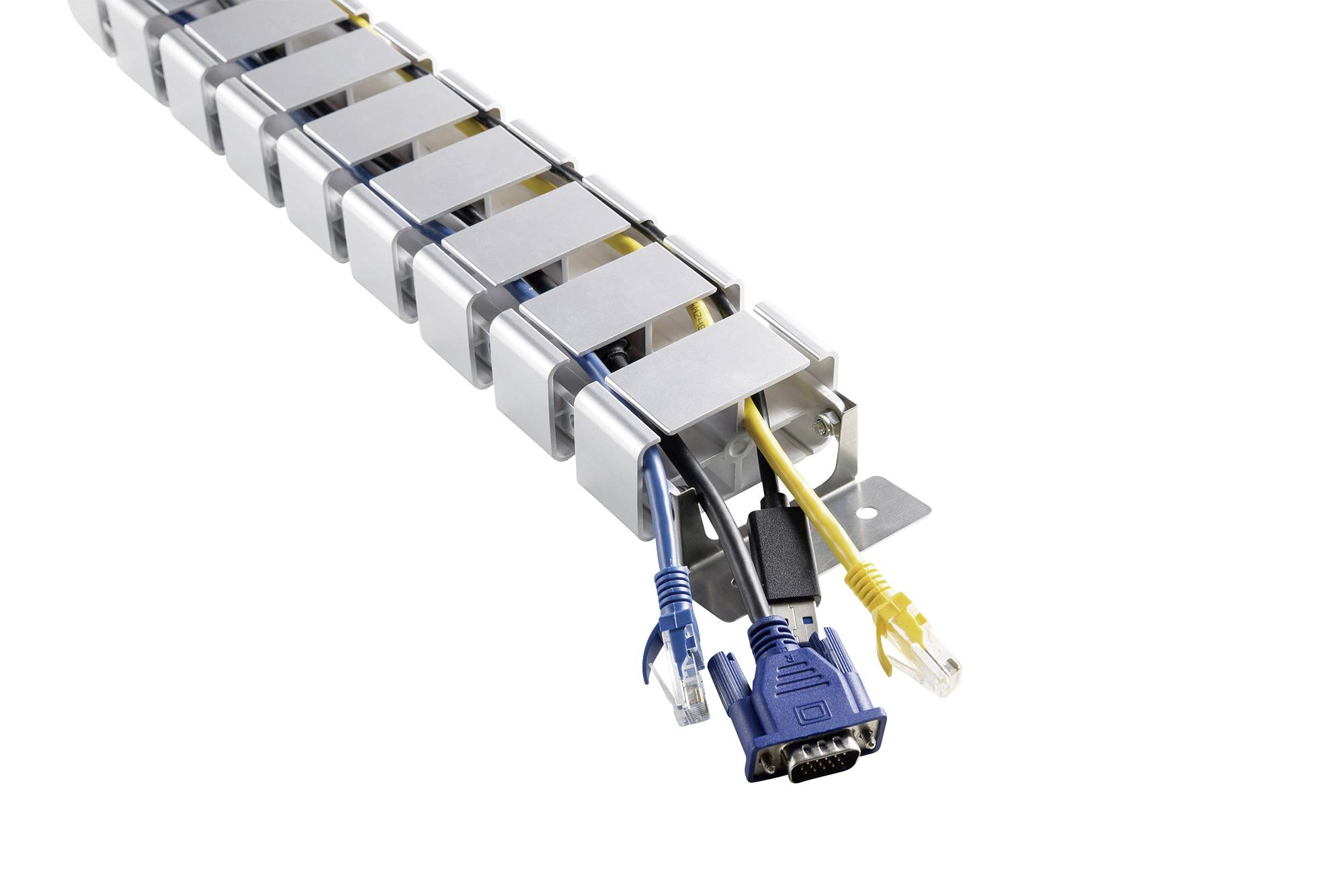 Kanał kablowy z wieloma kablami, w tym kablami Ethernet i VGA, zapewniający porządne zarządzanie kablami i ich ochronę.