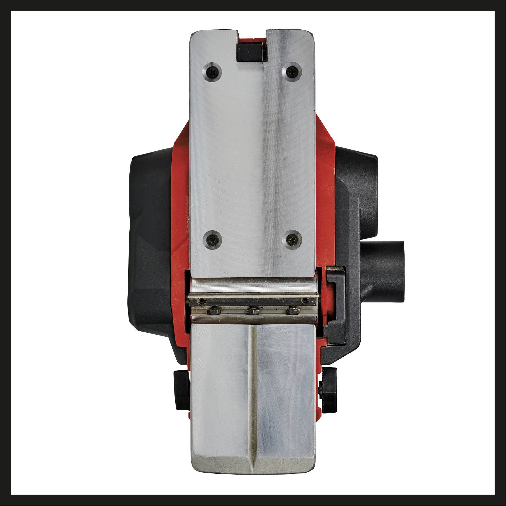 Elektryczny strug ręczny w zbliżeniu, ukazujący metalowe ostrze i czerwoną obudowę.