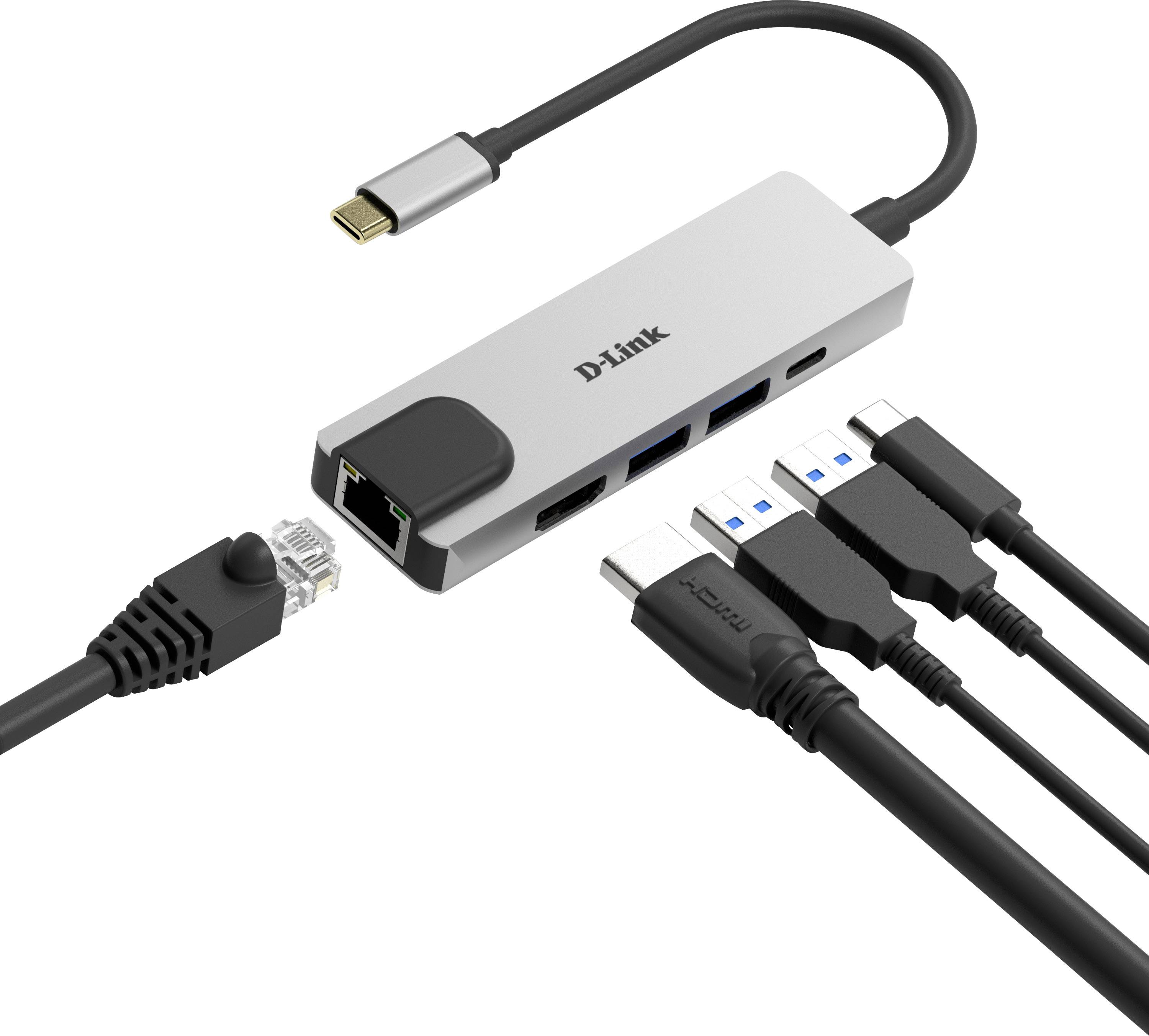 Koncentrator USB-C z wieloma portami: HDMI, 2 porty USB-A, Ethernet oraz dodatkowy kabel USB-C, przedstawiony z podłączonymi kablami.