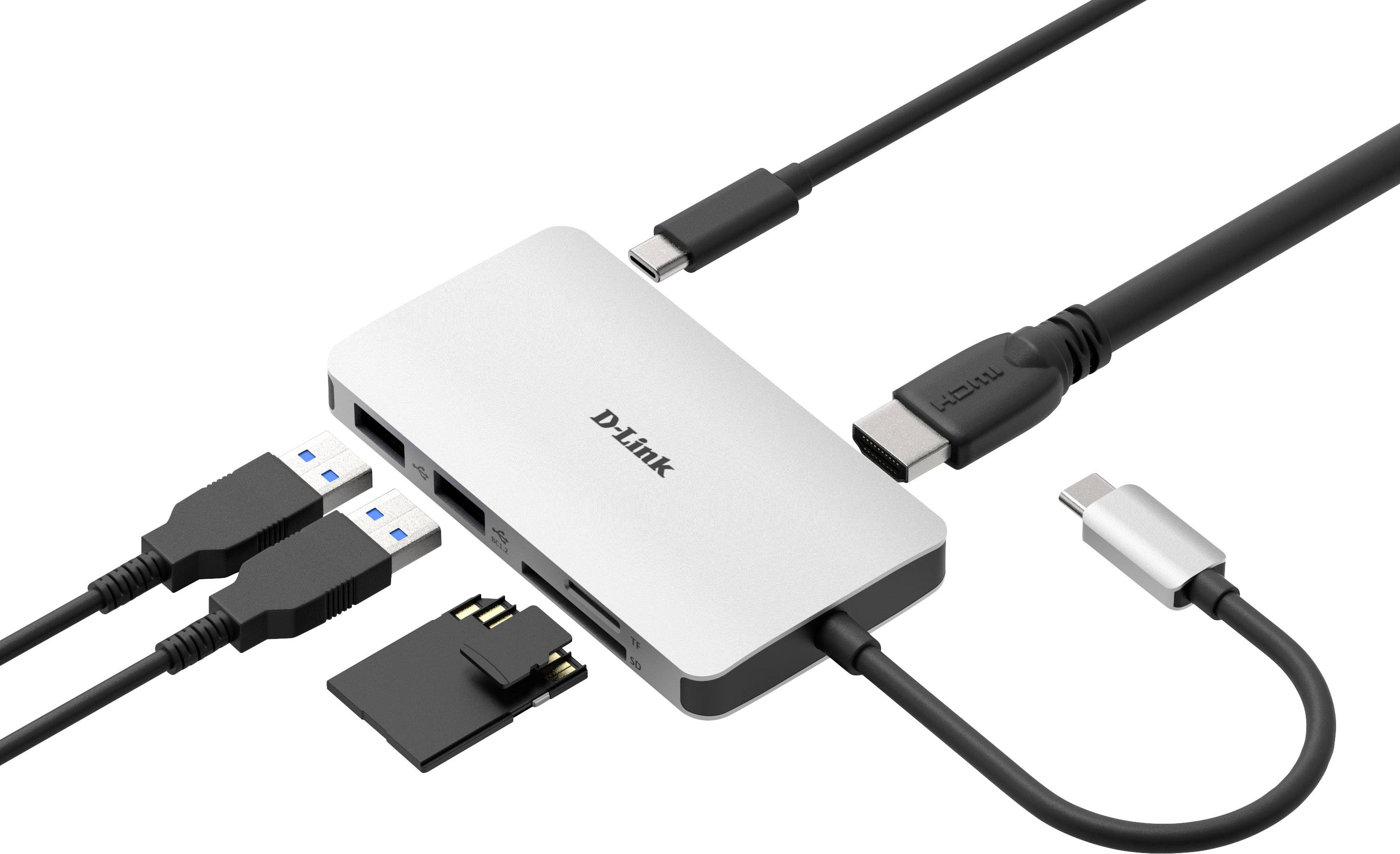 Hub USB-C firmy D-Link z różnymi portami: USB, HDMI i gniazda kart SD. Adapter i kable do podłączania różnych urządzeń.