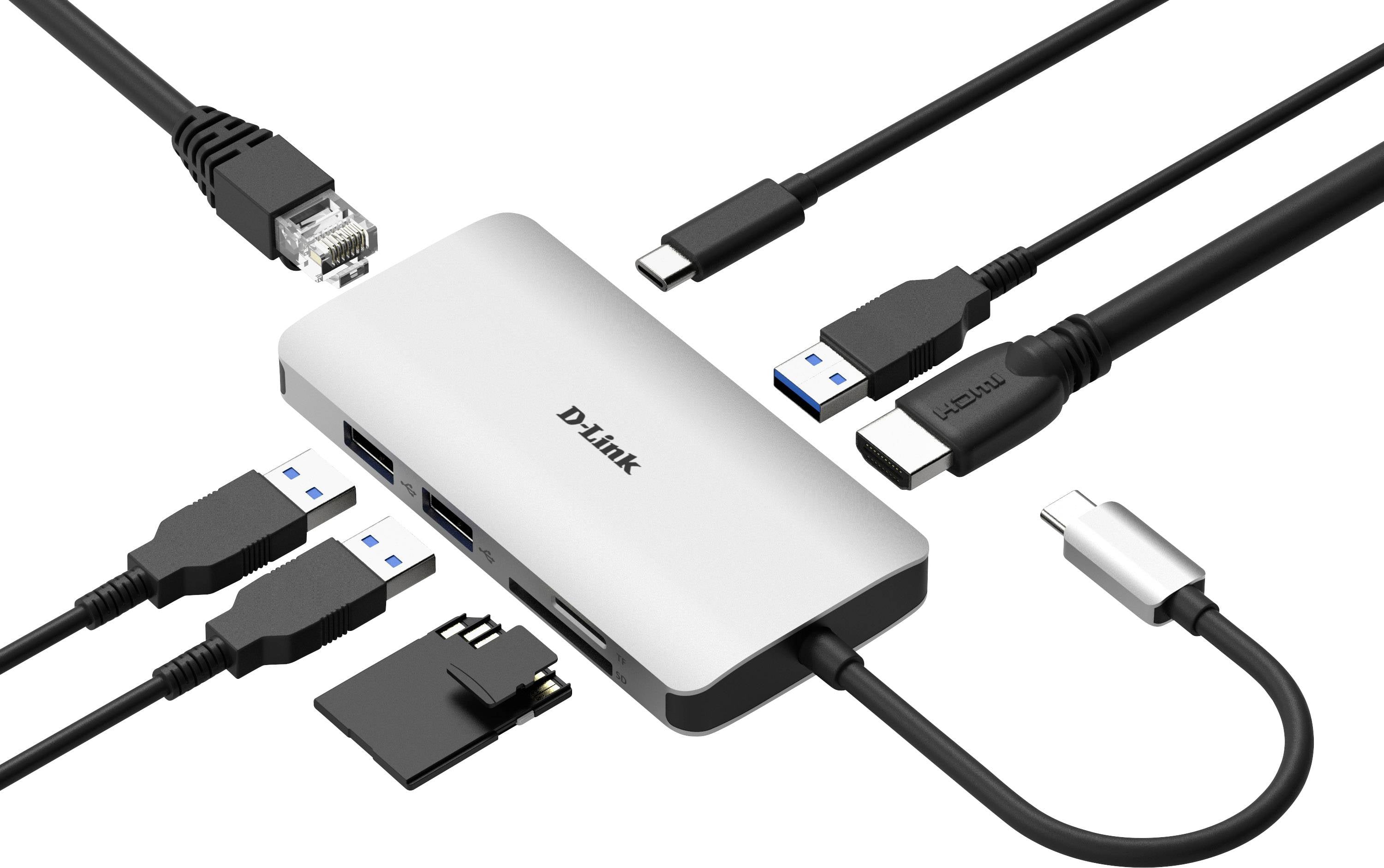 Wieloportowy hub USB firmy D-Link z połączeniami: dwa porty USB 3.0, HDMI, Ethernet, USB-C oraz gniazda kart SD. Idealny do rozszerzonej łączności.
