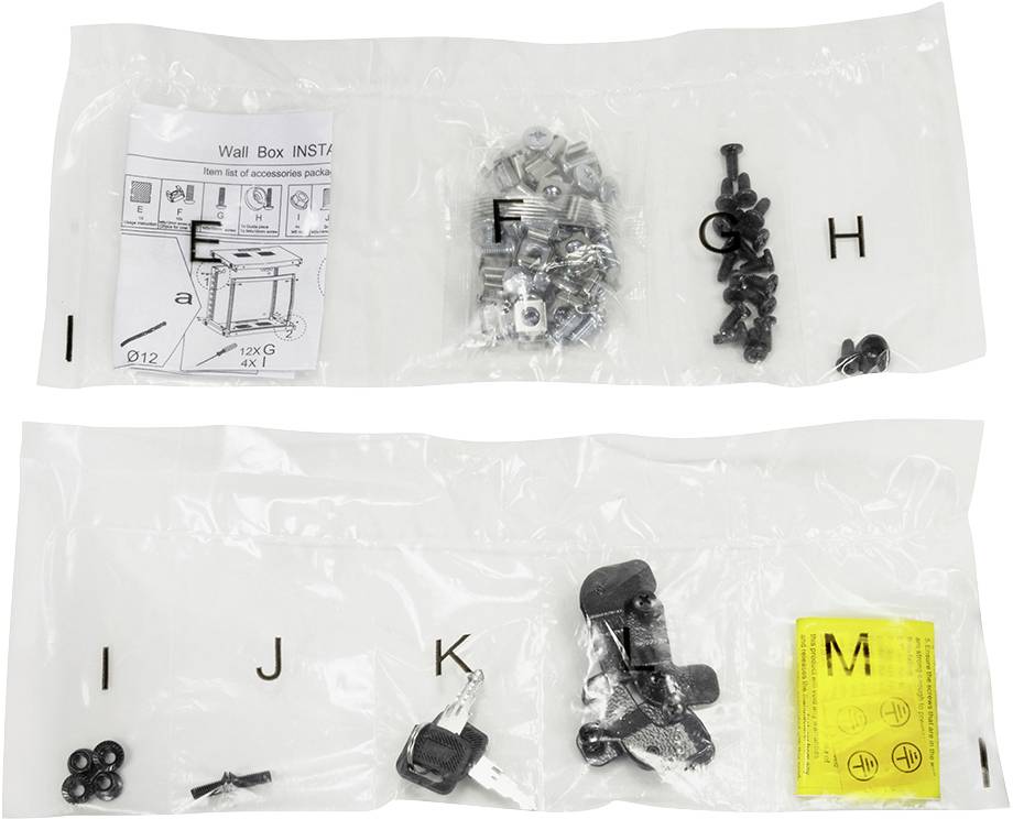 Zestaw akcesoriów do montażu naściennego, różne woreczki ze śrubami, nakrętkami i elementami montażowymi, oznaczone literami od E do M.