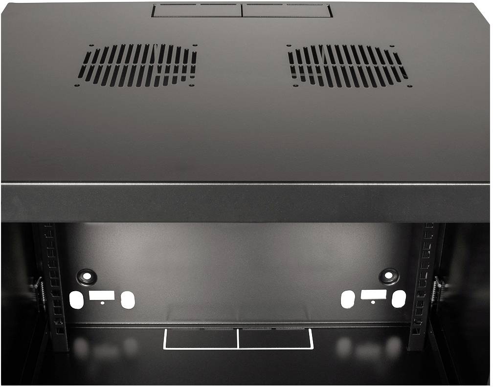 Czarny lodówka z dwoma kratkami wentylacyjnymi na górnej powierzchni. Przestrzeń do przechowywania z przepustami kablowymi w tylnej części.