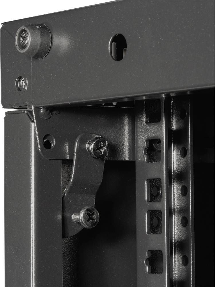 Zbliżenie czarnej metalowej obudowy z widocznymi śrubami i wspornikami kątowymi wewnątrz, prawdopodobnie fragment urządzenia technicznego.