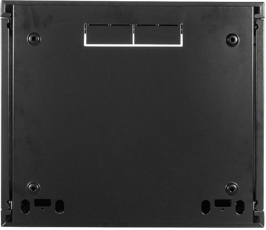 Czarna, kwadratowa tylna ściana urządzenia elektronicznego z wieloma punktami mocowania i otworami na przewody.