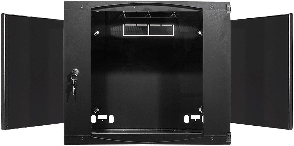 Czarny, otwarty szafa ścienna z dwuskrzydłowymi drzwiami, widocznym mechanizmem zamykającym wewnątrz i szczelina wentylacyjną u góry.