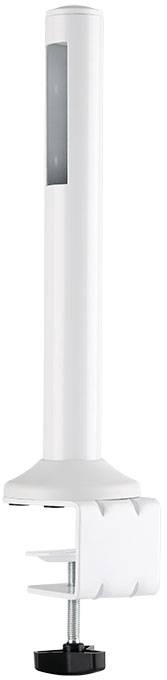 Biały, cylindryczny głośnik/urządzenie przypominające mikrofon, mocowany do krawędzi stołu.