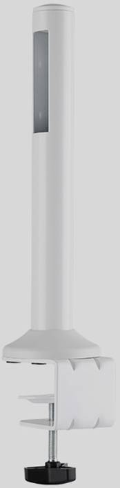 Długi, cylindryczny biały pręt z czujnikiem na końcu, zamontowany na zacisku śrubowym, który można przymocować do stołu.