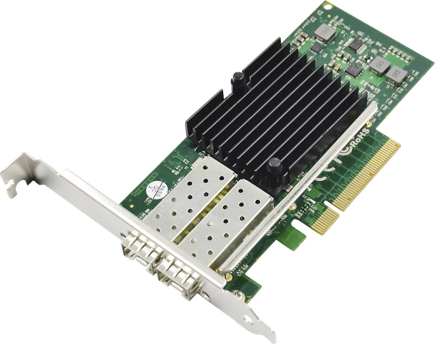 Zielona karta sieciowa PCIe z dwoma portami SFP+ i dużym radiatorem.