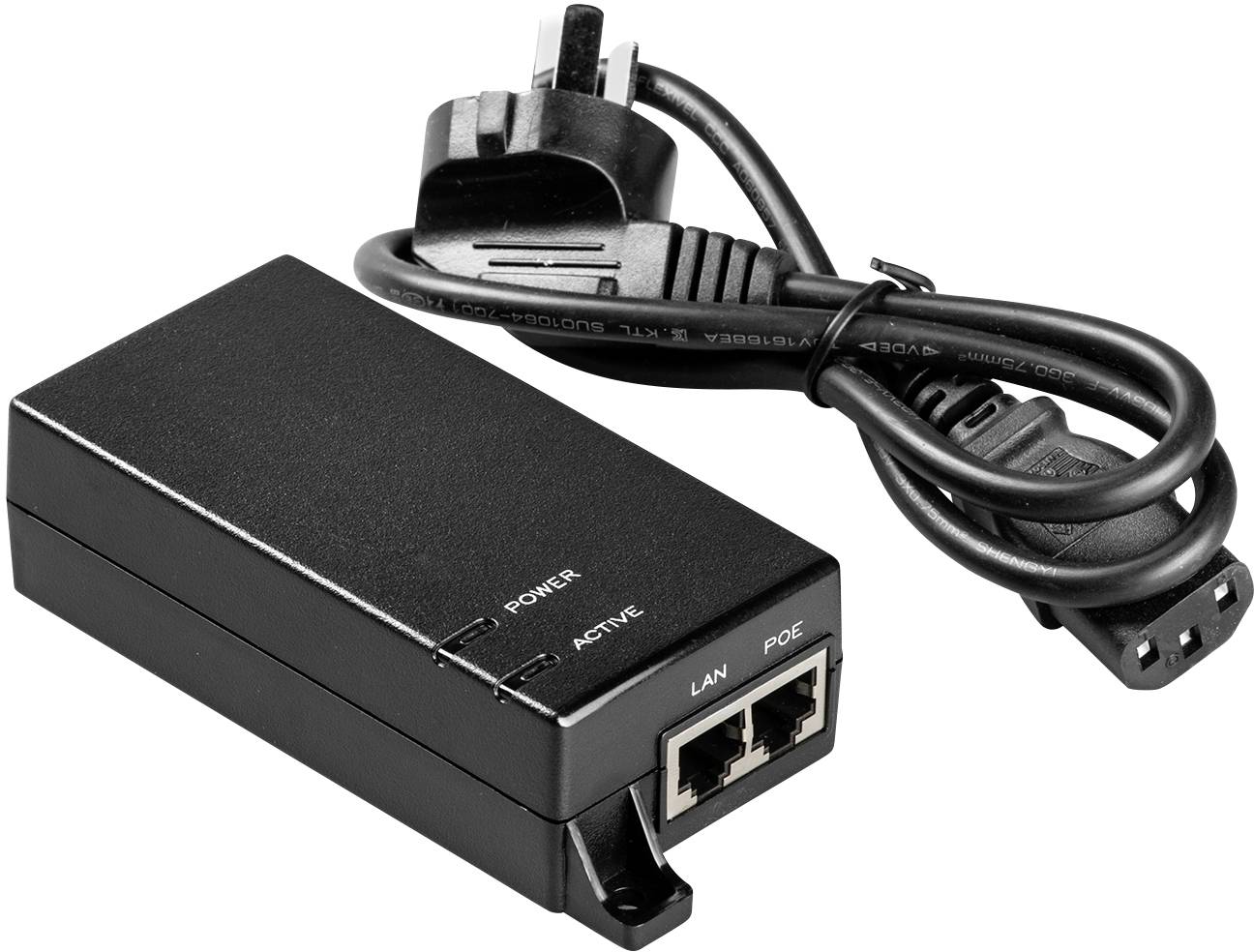 Adapter sieciowy PoE z dwoma portami Ethernet i przewodem zasilającym, umożliwiający zasilanie urządzeń poprzez kabel sieciowy.