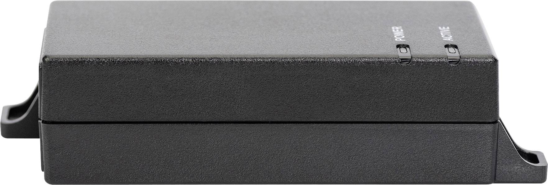 Prostokątne, czarne urządzenie elektroniczne z dwoma przyciskami na górnej powierzchni, opisanymi jako 'POWER' i 'ACTIVE', przedstawione jest z perspektywy bocznej.