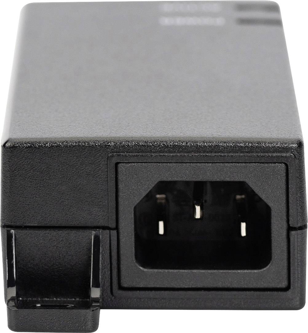 Czarny adapter sieciowy z trójpinowym złączem po jednej stronie, przeznaczony do urządzeń elektronicznych, jest przedstawiony od przodu.