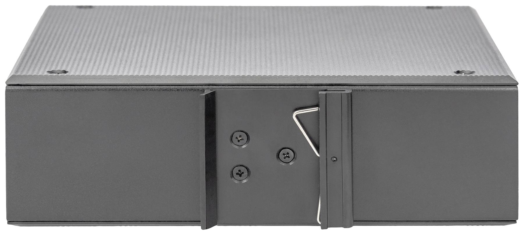 Prostokątne, czarne urządzenie elektroniczne z teksturowaną powierzchnią i widocznymi śrubami na przedniej części.