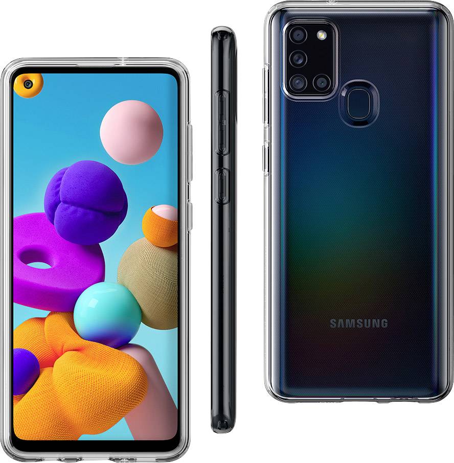 Smartfon z kolorowym wyświetlaczem w kształcie kul, widok z przodu, boku i tyłu. Cztery aparaty fotograficzne i czujnik linii papilarnych z tyłu urządzenia.