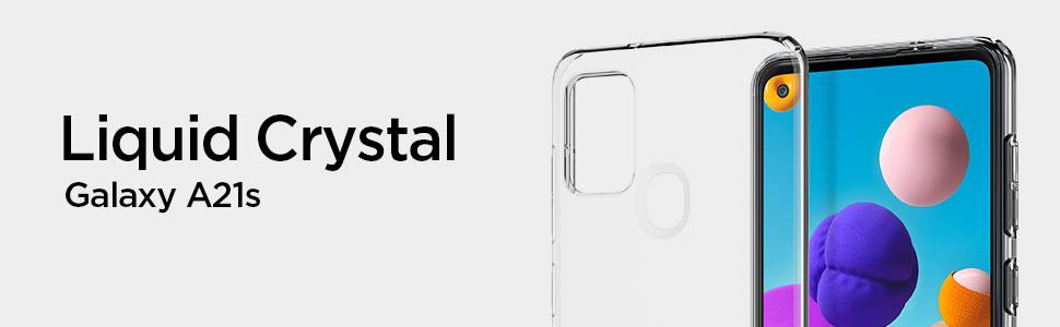 Samsung Galaxy A21s w przezroczystej obudowie, przedstawiony na szarym tle. Po lewej stronie widnieje napis 'Liquid Crystal' Galaxy A21s.