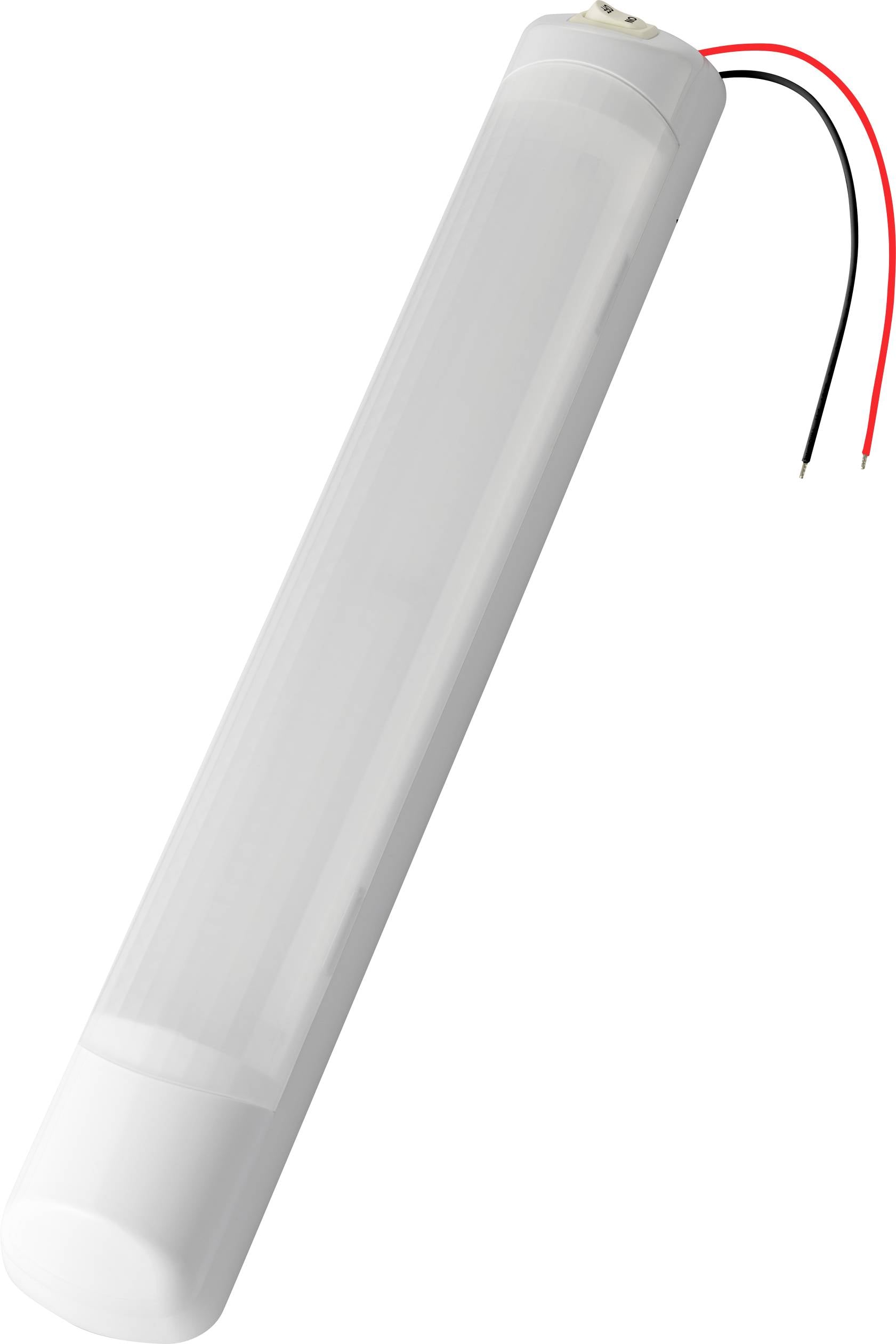 Biała, cylindryczna lampa LED z dwoma wystającymi przewodami, jeden czarny, drugi czerwony, na białym tle.