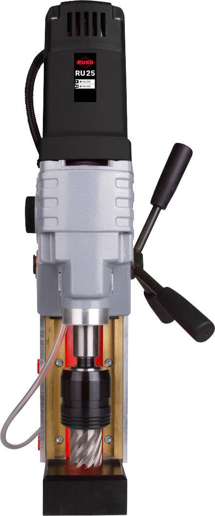 Wiertarka magnetyczna z uchwytem dwuręcznym, srebrną obudową i czarną głowicą.