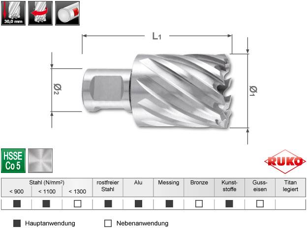 Wiertło rdzeniowe z HSSE Co 5 o średnicy 30 mm. Główne zastosowanie: stal do 1100 N/mm². Zastosowanie dodatkowe: aluminium, stal nierdzewna.