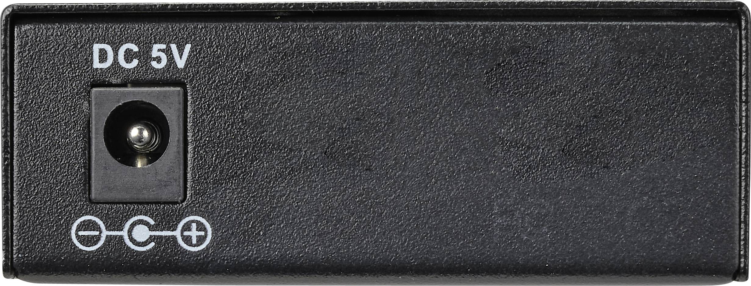 Czarny adapter sieciowy DC 5V z oznaczonymi symbolami polaryzacji Plus i Minus.