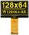 Wyświetlacz OLED prezentuje napis '128x64 W128064-XA'. Poniżej na przewodzie elastycznym widoczne są certyfikacje 'Patent' oraz 'RoHS'.