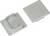 Dwie szare kwadratowe metalowe płytki, jedna z wystającymi pinami i otworami, druga płaska. Są one częścią systemu elektrycznego lub mechanicznego.