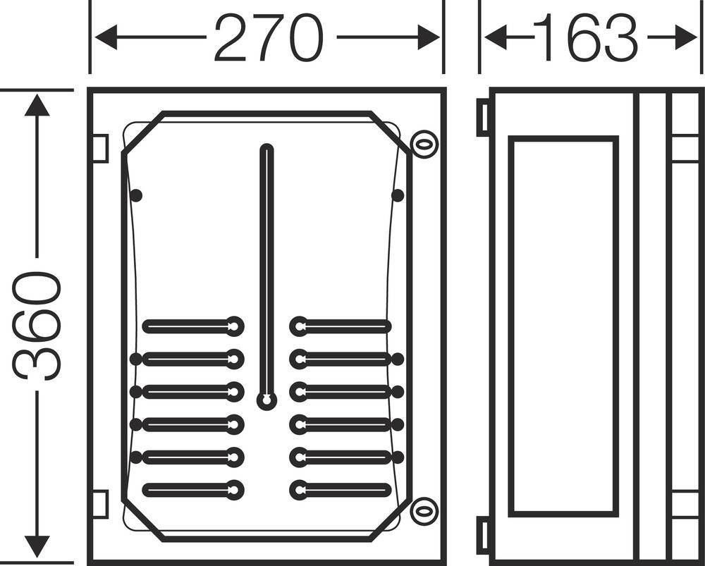 Rysunek techniczny prostokątnego pudełka o wymiarach 270 x 360 x 163 mm, przedstawiający widok z przodu i z boku.
