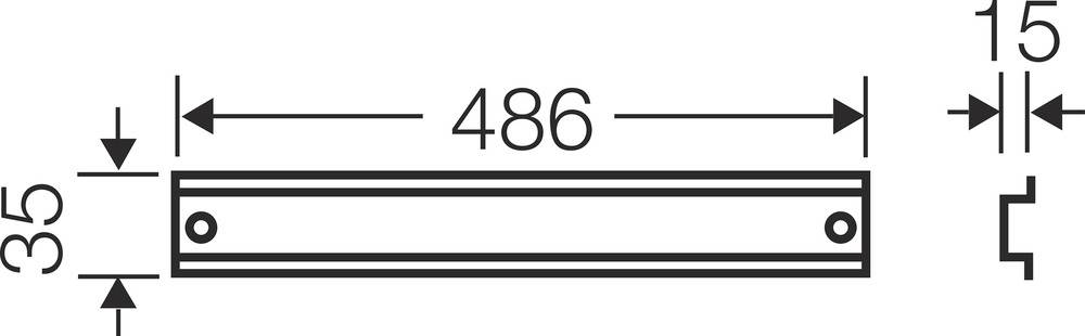 Rysunek techniczny prostokątnego elementu. Całkowita długość: 486 mm, szerokość: 35 mm, odległość od mocowania śrubowego 15 mm.