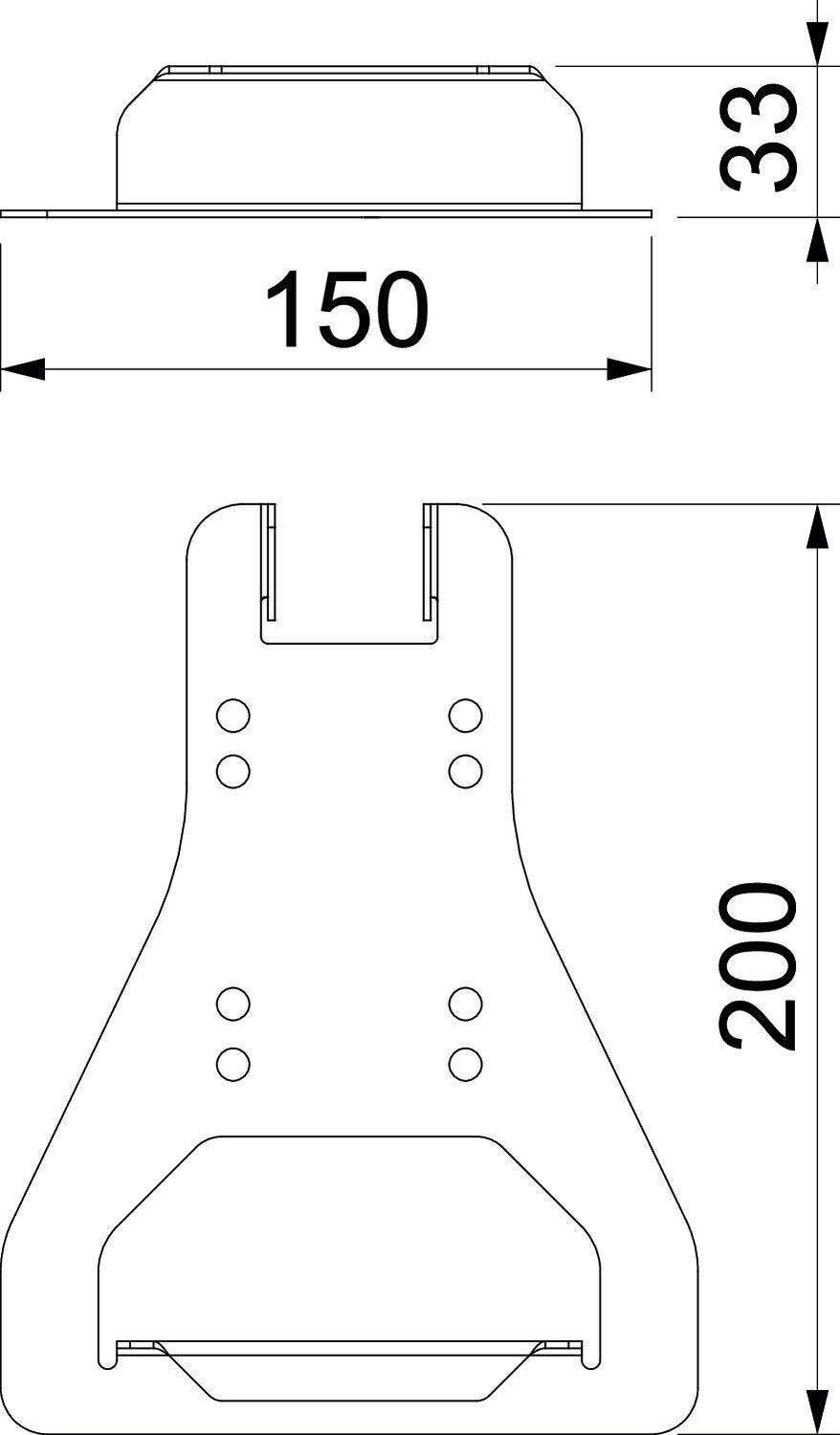 Rysunek techniczny elementu o wymiarach: szerokość 150 mm, wysokość 200 mm oraz oznaczenie wymiaru górnego 33 mm.