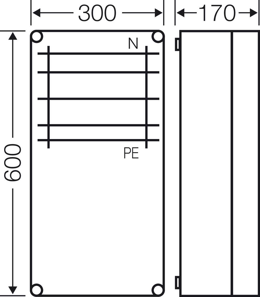 Rysunek przedstawia techniczną ilustrację prostokątnej obudowy o wymiarach 300 mm x 600 mm x 170 mm z przyłączami N i PE.