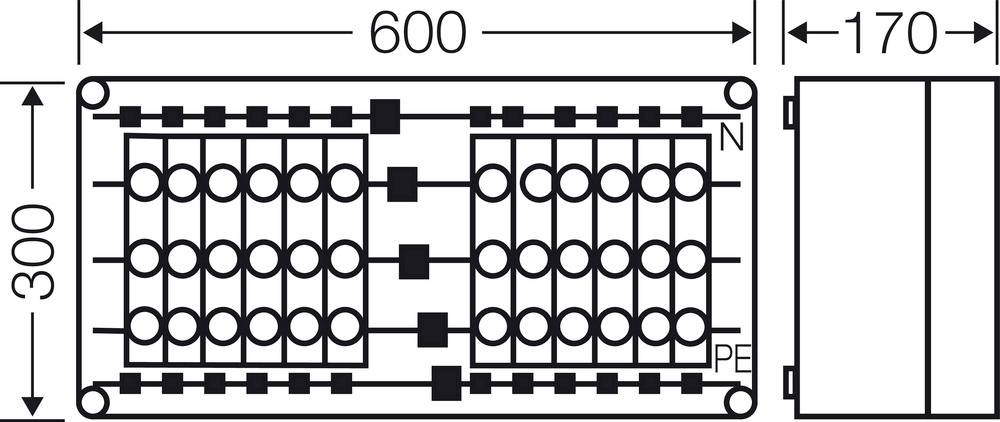Rysunek techniczny szafy rozdzielczej o wymiarach 600 mm x 300 mm x 170 mm. Przedstawienie pokazuje bezpieczniki i okablowanie.