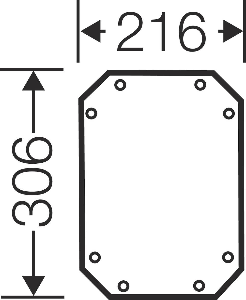 Wymiary obiektu ośmiokątnego: szerokość 216 mm, wysokość 306 mm. Osiem otworów na śruby wzdłuż krawędzi.