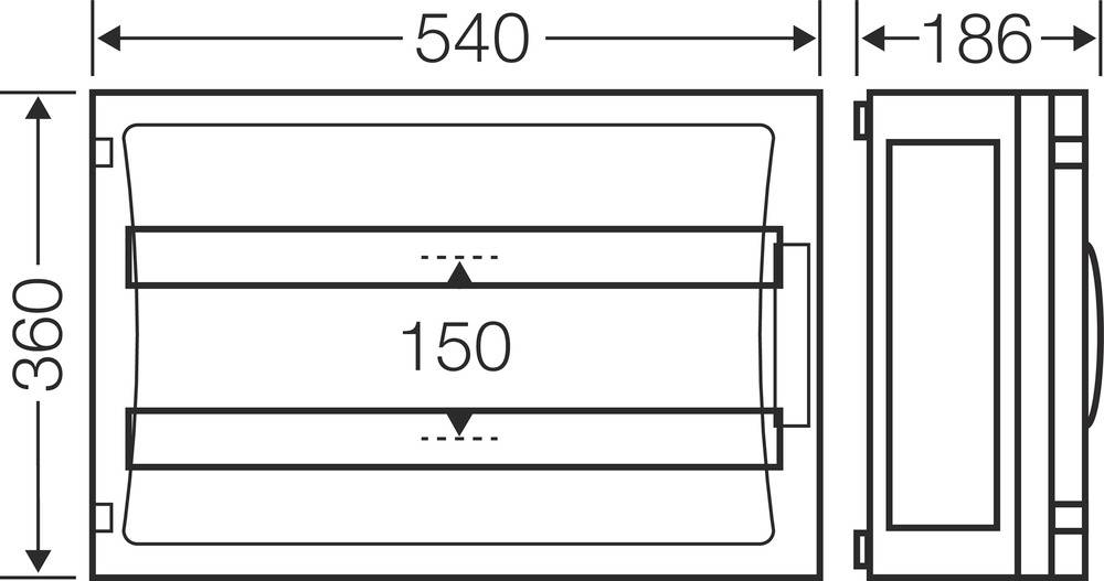 Rysunek prostokątnego otworu wentylacyjnego o wymiarach 540 mm szerokości, 360 mm wysokości, 186 mm głębokości oraz 150 mm długości części wewnętrznej.