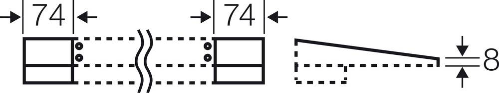 Rysunek techniczny przedstawia dwa identyczne prostokątne obiekty o szerokości '74', połączone krzywą linią oraz połączenie o szerokości '8'.
