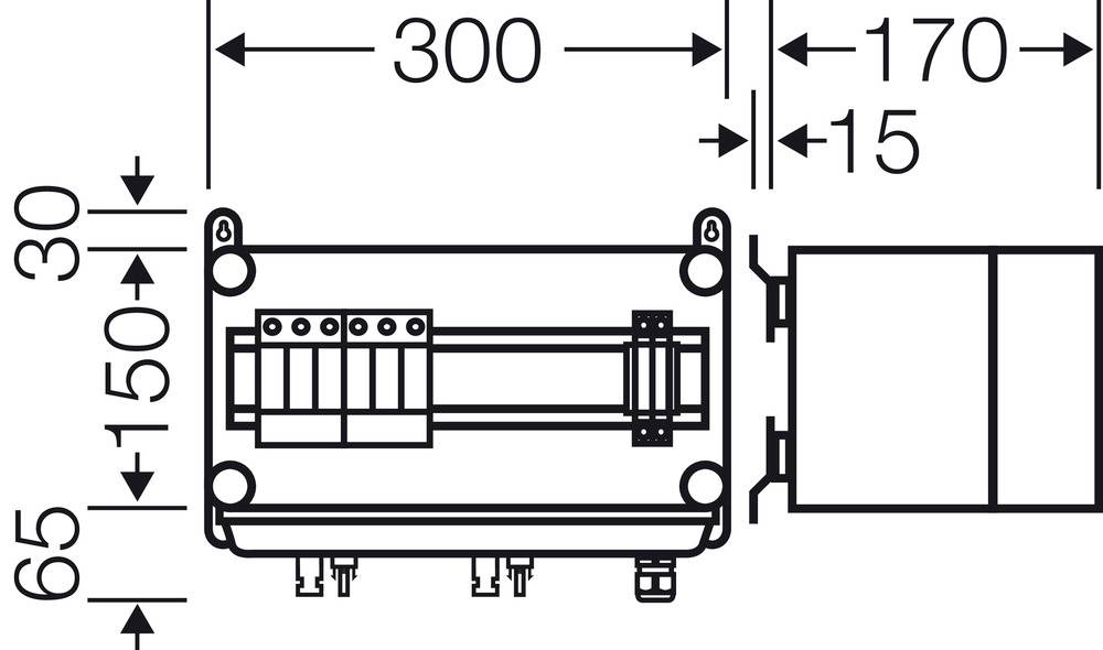 Rysunek techniczny urządzenia elektrycznego z wymiarami: szerokość 300 mm, wysokość 150 mm. Przedstawia szczegóły podłączenia oraz możliwości montażu.