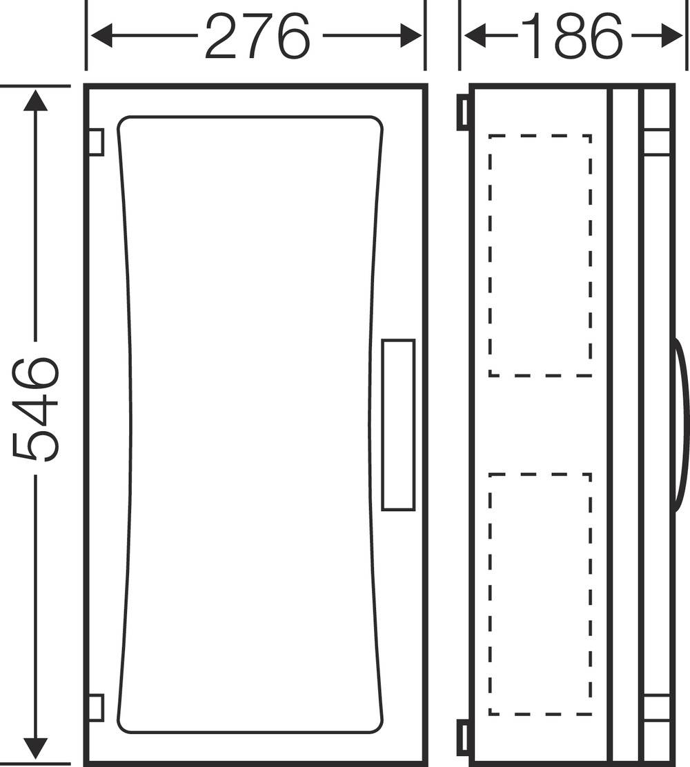 Rysunek pudełka z widocznymi wymiarami: wysokość 546 mm, szerokość 276 mm, głębokość 186 mm. Na bokach widoczne są elementy wewnętrzne.