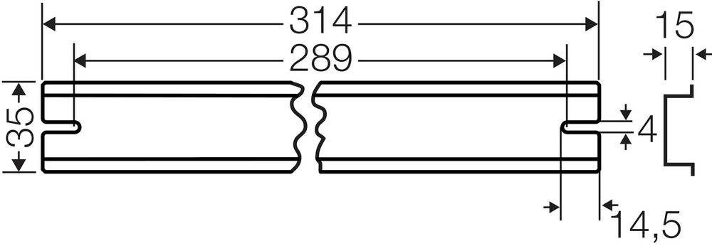 Rysunek techniczny części maszyny z wymiarami: długość całkowita 314, szerokość 35, długość wewnętrznego segmentu 289, szczelina 4.
