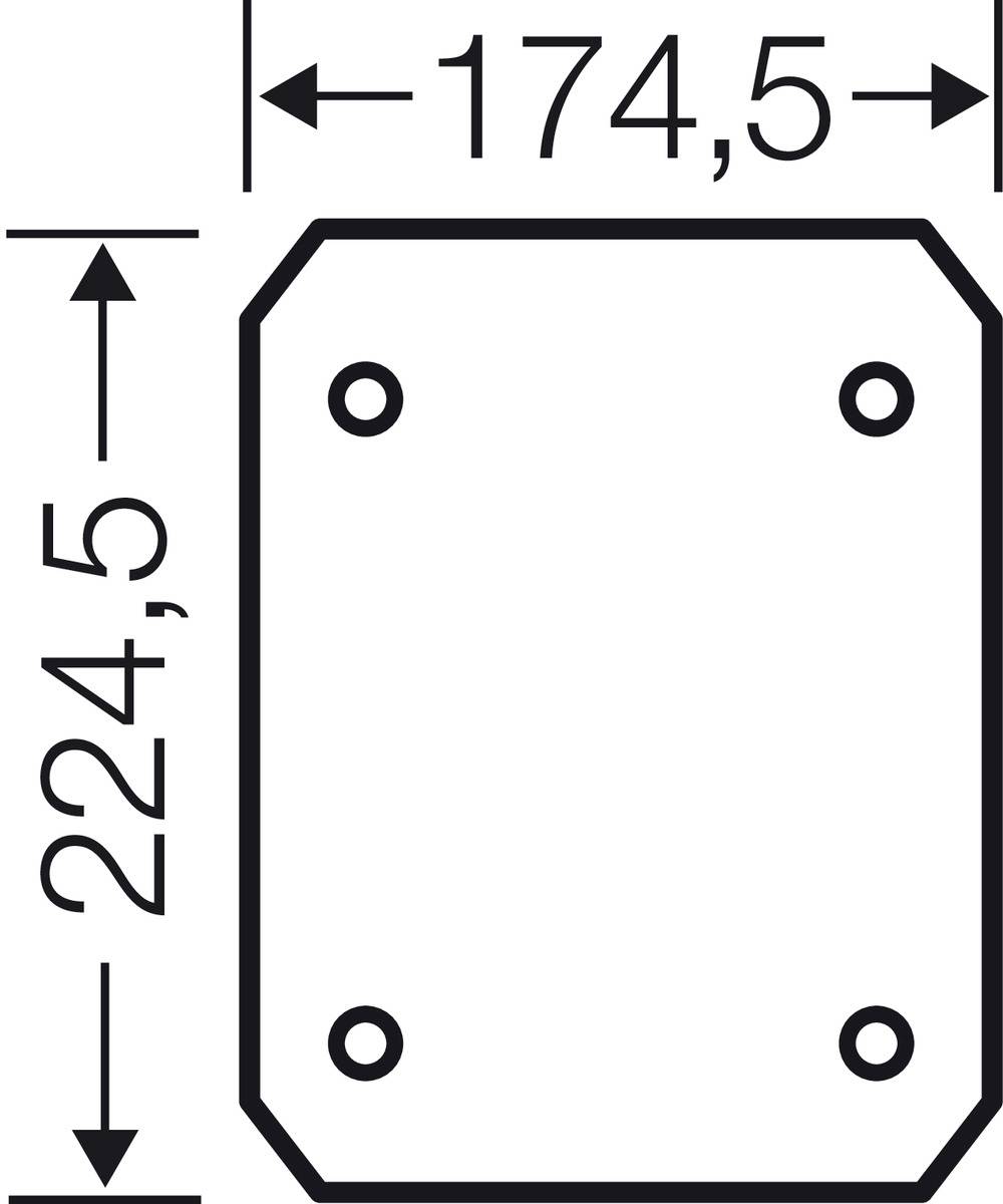 Rysunek techniczny prostokątnego obiektu ze ściętymi narożnikami, o wymiarach 174,5 mm x 224,5 mm, z czterema otworami mocującymi.