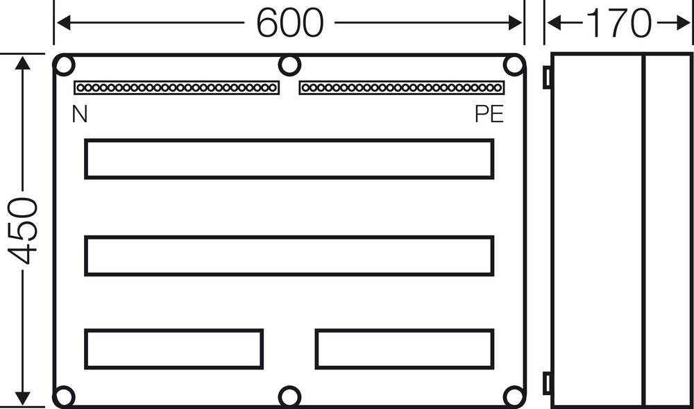 Rysunek techniczny prostokątnego pudełka z oznaczeniami 'N' i 'PE'. Wymiary: szerokość 600 mm, wysokość 450 mm, głębokość 170 mm.