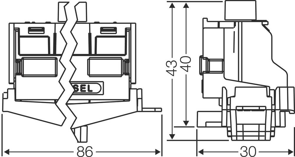 Rysunek techniczny elementu elektrycznego z wymiarami: 86 mm, 43 mm, 40 mm, 30 mm. Przedstawia widok z przodu i z boku.