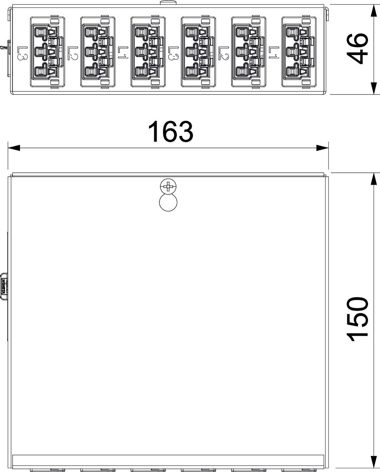 Schemat elektrycznego rozdzielnika ze skrzynką przyłączeniową z pięcioma zaciskami górnymi. Wymiary: 163 mm szerokości, 150 mm wysokości.