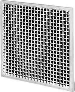 Biała kwadratowa struktura kratowa o regularnym wzorze na czarnym tle, stosowana jako element dekoracyjny lub kratka wentylacyjna.