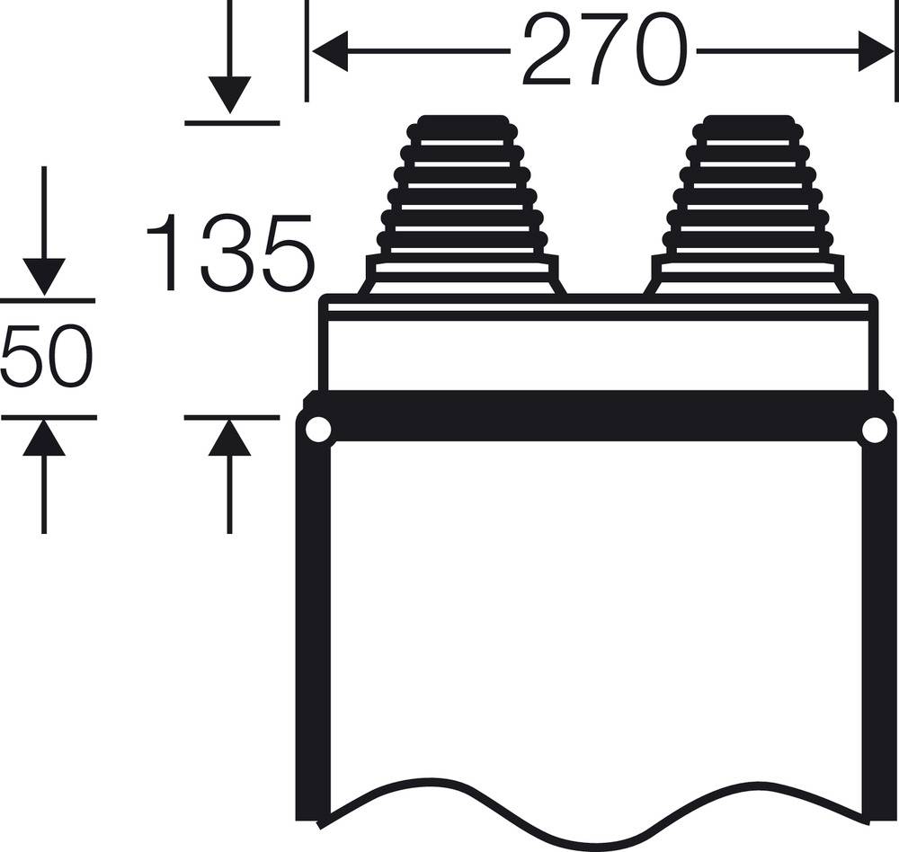 Szkic elementu technicznego z wymiarami: szerokość 270 mm, wysokość 135 mm, dodatkowa wysokość 50 mm dla dwóch żebrowanych złączy na górze.