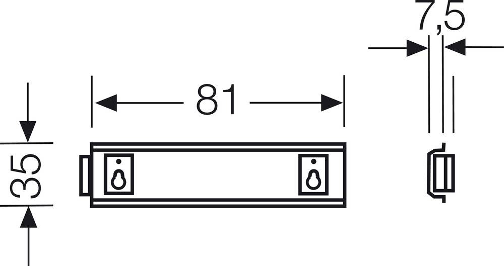 Rysunek prostokątnej tabliczki o wymiarach: szerokość 81 mm, wysokość 35 mm, głębokość 7,5 mm. Nadaje się do montażu ściennego.