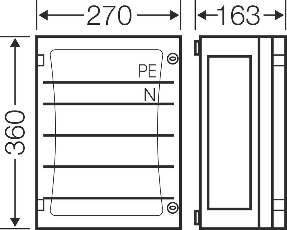 Rysunek techniczny rozdzielnicy elektrycznej o wymiarach 270 mm x 360 mm x 163 mm, z oznaczeniem 'PE N' wskazującym pozycję przewodu.